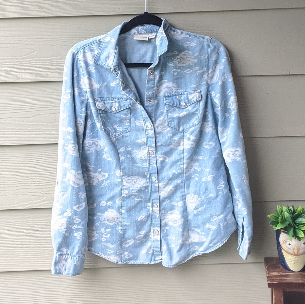 Rose  Print Chambray Shirt by Tribal Jeans